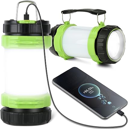 Camping Lantern Rechargeable, 500 Lumens Super Bright Camping Lights with Power Bank, 4000mAh 6 Modes LED Camping Torch, Waterproof Outdoor Searchlight Tent Emergency Light for Fishing, Hiking (Green)