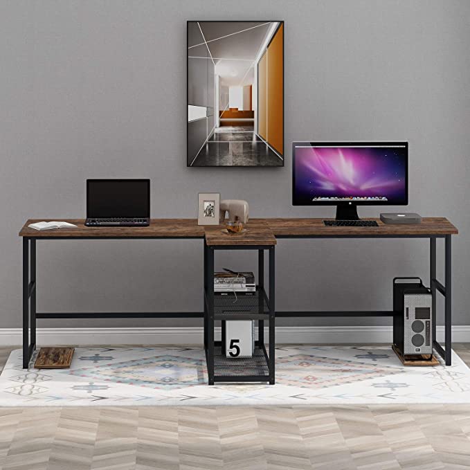 Danxee 94 inch Two Person Desk Extra Long Modern Computer Desk Double Computer Desk with Storage Shelves Multifunction Writing Desk with Shelf for Home Office