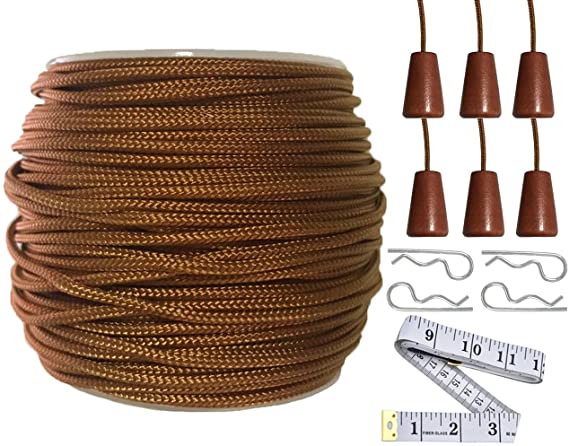 Y-Axis Roll of 60 Yards 2.0mm Light Brown (Bronze) Braided Nylon Lift Shade Cord with 6 Pack Brown Wood Cord Knobs   Soft Tape