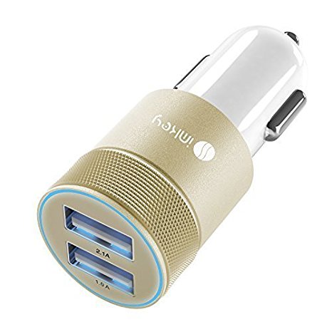 Car Charger, IMKEY® 2.1A Dual USB Port Rapid Car Charger Adapter for Apple iPhone, iPad, Samsung, Google Nexus 7, HTC, LG, And More - (Golden)