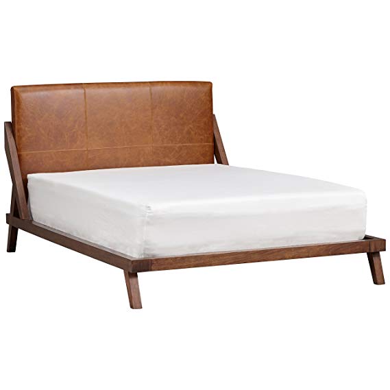 Rivet Mid-Century Leather Headboard Queen Platform Bed, 65"W, Mahogany