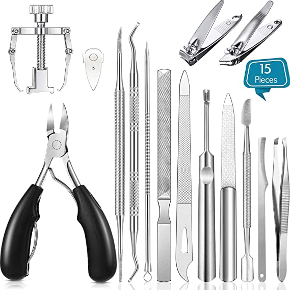 15 Pieces Ingrown Toenail Tools Stainless Steel Foot Nail Tools, Include Toenail File and Lifter, Nail Clipper, Cuticle Cutters, Cuticle Pusher and Manicure Pedicure Tools for Ingrown and Thick Nail