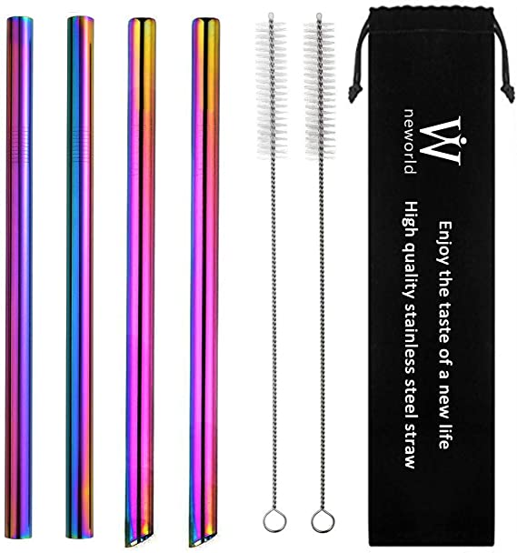 NEWORLD Reusable Stainless Steel Wide Boba Drinking Straws Fat Straws Smoothie/Bubble Tea/Milkshakes Straws with 2 Cleaning Brush & Carry Bag 12mm/0.5" Wide(rainbow)