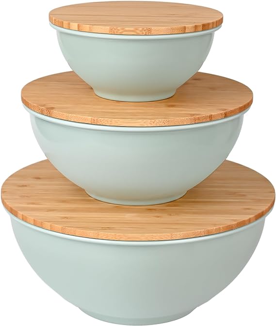 GEHE Salad Bowl with Lid, 10" Large Mixing Bowls with Lids Set, Bamboo Salad Bowl Set of 3, Salad Serving Bowl Set for Salad, Fruits, Pasta, Popcorn, Chips, Vegetables and Dishwasher Safe