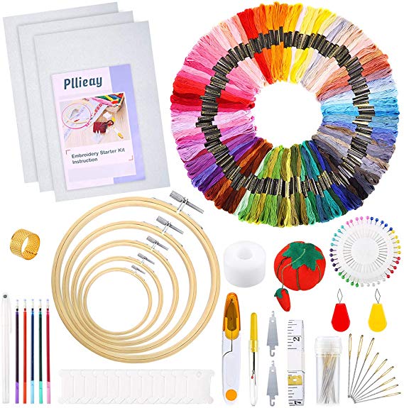 Pllieay 205 Pieces Full Range of Embroidery Starter Kit with Instructions, 5 Pieces Bamboo Embroidery Hoops, 100 Colors Threads, 3 Pieces Aida Cloth and Cross Stitch Tools Kit for Sewing