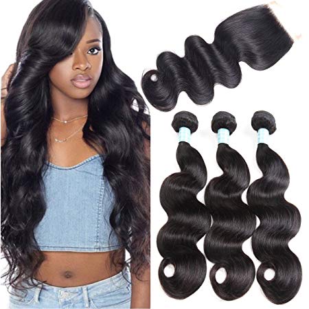 SIJIMEI Brazilian Body Wave With Closure 100% Unprocessed Virgin Human Hair Natural Color Weave Brazilian Virgin Hair Extensions 3 Bundles Body Wave And 4x4 Lace Closure (10 10 10 with 10 Free Part)