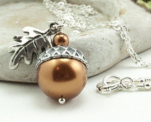 Acorn Necklace with Oak Leaf. Copper Shade Swarovski Crystal Simulated Pearls, Sterling Silver Chain