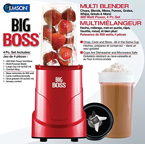 Big Boss 8866 4-Piece Personal Countertop Blender Mixing System, 300-watt, Red