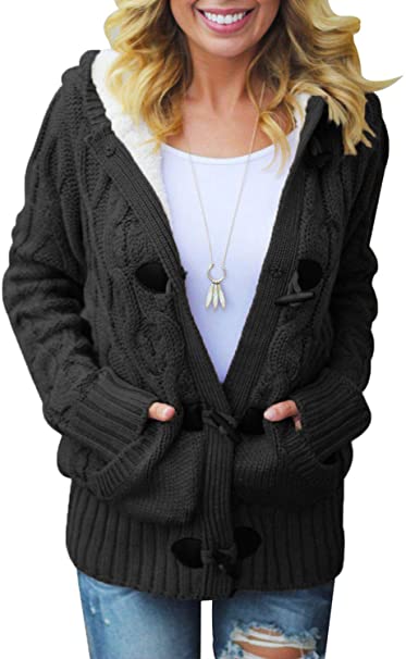 Dokotoo Womens Hooded Cardigans Button Up Cable Knit Sweater Coat Outerwear with Pockets