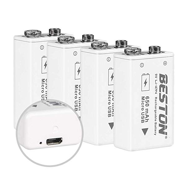 BESTON 9V Lithium ion Battery, High Capacity 650mAh Rechargeable Li-ion Polymer Battery with Micro USB Charging Port, 4-Pack
