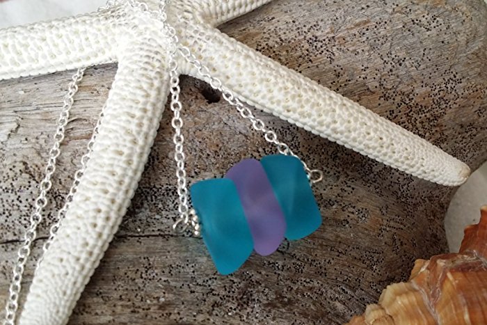 Handmade jewelry in Hawaii, blue purple sea glass necklace, sterling silver chain,gift box,Summer beach jewelry. gifts for girlfriend, beach glass necklace,sea glass jewelry,beach glass jewelry,