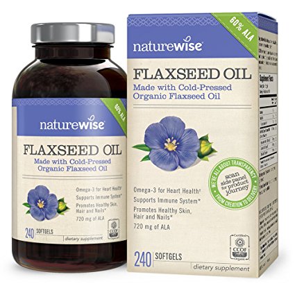 NatureWise Organic Flaxseed Oil 1200mg with 720 mg ALA, Omegas 3-6-9 for Cardiovascular Health & Immune Support, Promotes Healthy Skin, Nails & Hair, Non-GMO, 240 count