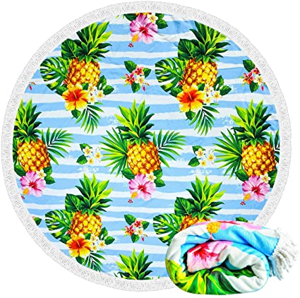 Retreez Large & Thick Microfiber Tropical Pineapples & Flowers Round Beach Towel Throw Blanket with fringed 62"x 62" Soft Absorbent Quick Dry Multi-Purpose Picnic Yoga Meditation Mat for Women Men Kid
