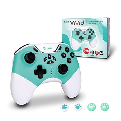 Brook Vivid Wireless Controller for Switch with Thumb Grips Set, Six Axis Gyro Sensors Switch Controller, Gaming PC Bluetooth Controller, Marco, Turbo (Aqua)