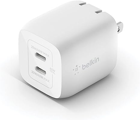 Belkin 45W Dual USB-C Wall Charger, Fast Charging Power Delivery 3.0 with GaN Technology for iPhone 14, 13, Pro, Pro Max, Mini, iPad Pro 12.9, MacBook, Galaxy S23, S23 , Ultra, Tablet, More - White