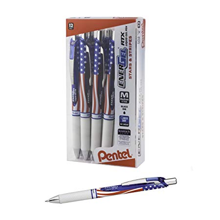 Pentel EnerGel RTX Retractable Liquid Gel Pen, (0.7mm) Metal Tip, Medium Line, Flag Barrel, Black Ink ,12 pack (BL77USA-A)