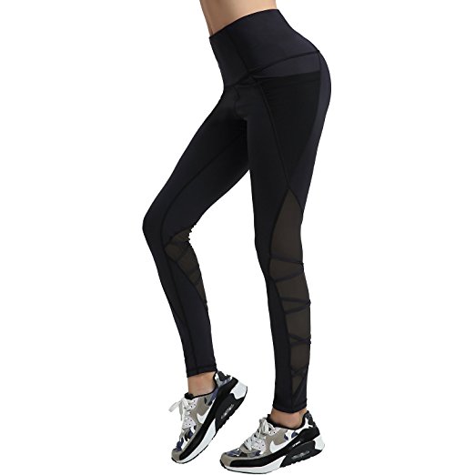 Women Mesh Yoga Pants Workout Sports Leggings Black Running Pants with Side Pocket
