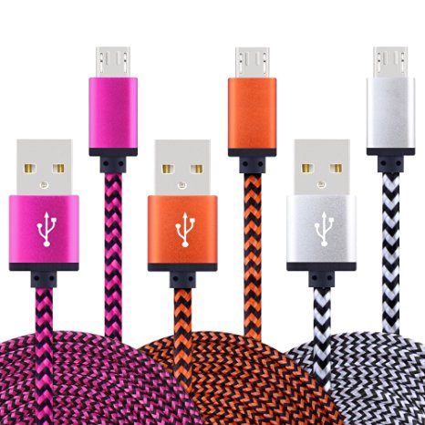 USB Cable, INEER Premium 3-Pack Colorful Nylon Braided 6FT USB 2.0 A Male to Micro B Charger Cable for Android, Samsung Galaxy S7 Edge, S6, HTC, LG, Sony, Blackberry, Nokia and More Android Device