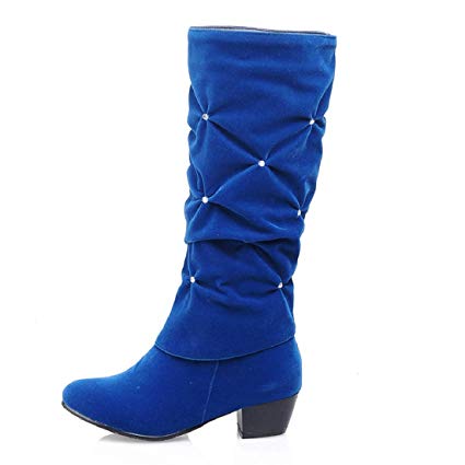 Womens Faux Suede Knee-High Boots Stacked Heel Round Toe Casual Slip-On Low-Heeled Winter Boots