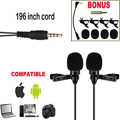 Premium 196" Dual-head Lavalier Microphone, Professional Lapel Clip-on Omnidirectional Condenser Mic For Apple IPhone,Android,PC,DSLR,Recording Youtube,Interview,Video Conference,Podcast - FREE BONUS
