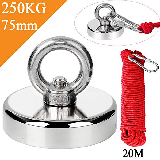 Uolor Magnet Fishing Kit with Rope 20M(66ft), N52 Super Power 250KG(550LB) Pulling Force Round Neodymium Eyebolt Fishing Magnet for Magnet Fishing and Salvage in River - 75MM Diameter