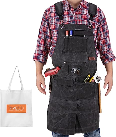 RIVECO Work Apron for Men with Pockets for Tools, Waxed Canvas Leather Pad for Woodworking Safety Wear