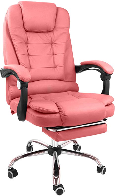 Halter Reclining Leather Office Chair - Modern Executive Adjustable Rolling Swivel Chair Headrest with Retractable Footrest (Pink)