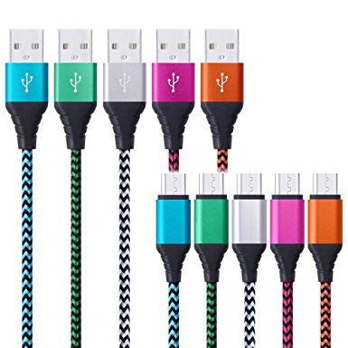 Micro USB Cable, FiveBox 5 Pack(6ft) Premium Nylon Durable Braided Fast Charging Charger Cord for Samsung Galaxy S7 S6 Edge, Note, Tablet, LG G3 G4, HTC M8 M9, Android More