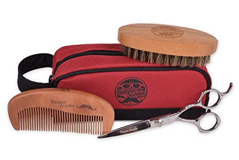 Beaver Scooter Beard and Mustache Grooming Kit - Includes Beard Brush Beard Comb Beard Trimming Scissors and Carrying Pouch
