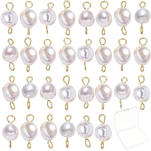 SUNNYCLUE 1 Box 30Pcs Natural Freshwater Pearl Beads Double Loop Links Connectors Baroque Pearls Round Beads 304 Stainless Steel Connector for Women Necklace Bracelet DIY Craft Jewelry Making Charms