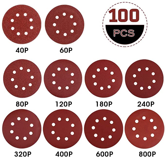 Rovtop 100pcs 8-Holes Sanding Discs Pads,100pcs 5 Inch(125mm),Hook and Loop Sandpaper Discs 40/60/80/120//180/240/320/400/600/800 Grits Sandpaper for Random Orbit Sander