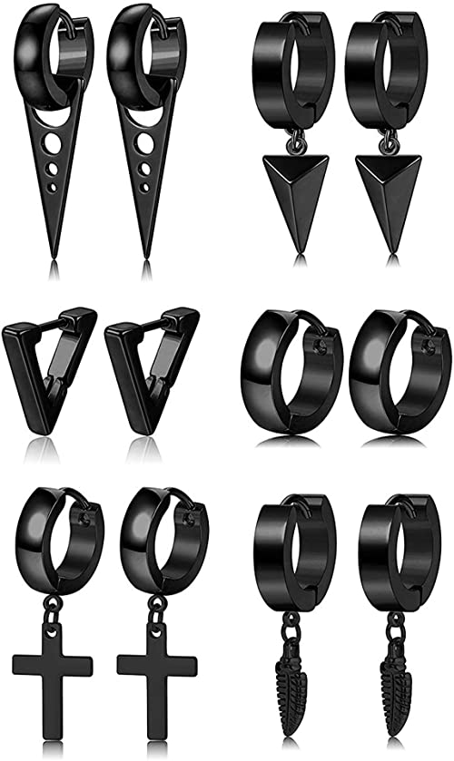 YADOCA 6 Pairs Stainless Steel Punk Earrings for Men Women Kpop Triangle Cross Hinged Dangle Huggie Hoop Earrings Set