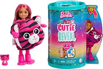 Barbie Small Dolls and Accessories, Cutie Reveal Chelsea Doll with Tiger Plush Costume & 7 Surprises Including Color Change, Jungle Series