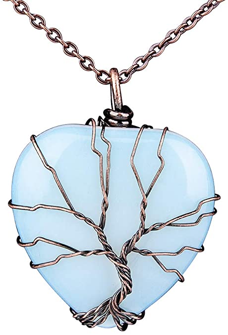 Bivei Tree of Life Wire Wrapped Puffy Heart Stone Necklace Natural Gemstone Healing Crystal Pendant for Women
