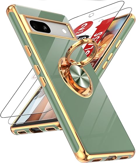 LeYi for Google Pixel 7A Case: with Tempered Glass Screen Protector [2 Pack] 360° Rotatable Ring Holder Magnetic Kickstand, Plating Rose Gold Edge Protective Pixel 7A Case, L-Green