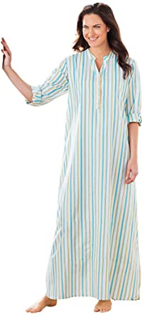 AmeriMark Women's Striped Long Caftan Lightweight 100% Cotton Lounger Nightgown