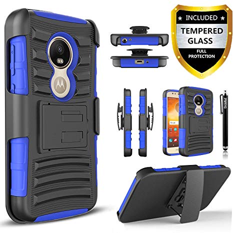 Moto G6 Play Case, Circlemalls Dual Layers [Combo Holster] and Built-in Kickstand Bundled with [Temerped Glass Screen Protector] and Touch Screen Pen (Blue)