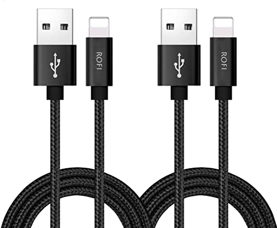 RoFI Phone Charger Cable, [2Pack 2 Feet] Nylon Braided Fast Charging USB Cord Compatible Phone X 8 8 Plus 7 7 Plus 6s 6s Plus 6 6 Plus 5 5S 5C SE Air Mini and Car Display (Black)