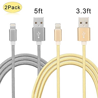 iPhone Charger Cable 2 Pack 3.3ft 5ft 2.0A Durable Lightning to USB Cable Charging Cord for Apple iPhone 7 7Plus 6s 6sPlus 6 6plus 5s 5c 5 iPad Air iPad mini iPod - Gold/Grey