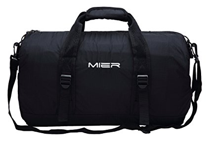MIER 40L Foldable Barrel Gym Bag Sports Holdall Duffel Bag for Women, Ladies and Men, Water Resistant Nylon (Black)