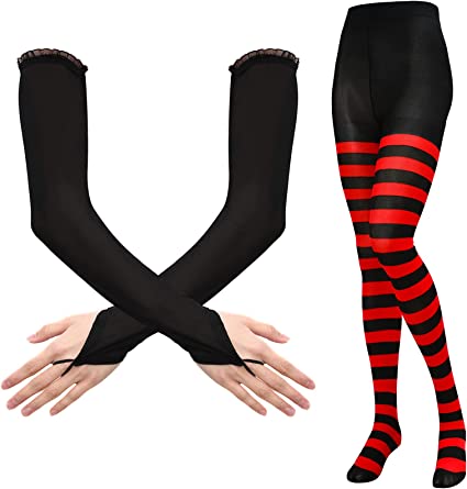 SATINIOR Halloween Women's Cosplay Costume, Women's Costume with Black and Red Nylon Stripe Tights Leggings and Long Glove Fingerless Glove for Halloween Cosplay Party Favors, Black, Red