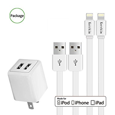 Mini Charger 2.4A 12W Dual Port USB Travel Wall Charger with 5FT [2-PACK] Long Durable 8 Pin Lightning Cable Charging Cord for IOS 10 iPhone 7/6S Plus, 5S/SE, iPad Air/Mini/Pro (Charger with Cable)