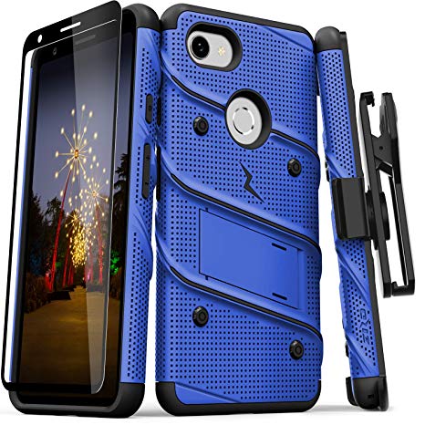 ZIZO Bolt Series Google Pixel 3a Case | Heavy-Duty Military-Grade Drop Protection w/Kickstand Included Belt Clip Holster Tempered Glass Lanyard (Blue/Black)