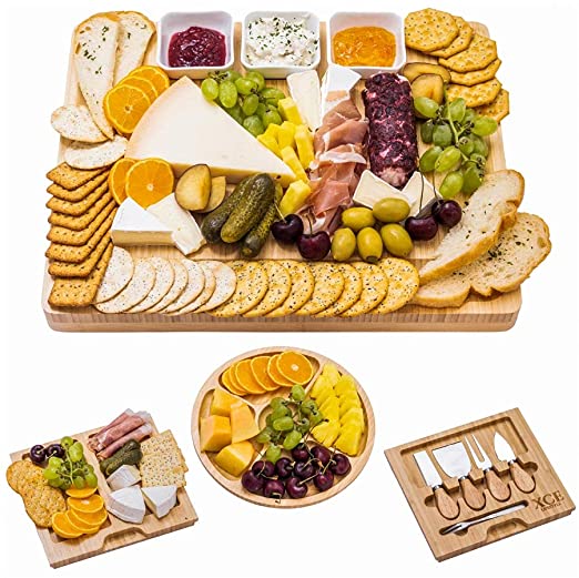 XcE Bamboo Cheese Board and Charcuterie Board with Knife Set, 16 x 13 x 1.5 inch, Include Extra Round Fruit Plate
