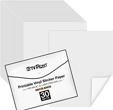 HTVRONT Printable Vinyl 30 Sheets Waterproof Printable Vinyl Sticker Paper Dries Quickly Matte White Size 8.5"x11" for Laser & Inkjet Printer