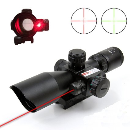 Pinty 2.5-10x40 AOEG Red Green Illuminated Mil-dot Tactical Rifle Scope with Red Laser Combo - Green Lens Color