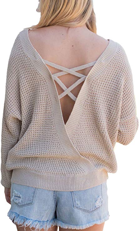 Asvivid Women's Long Sleeve Criss Cross V Neck Knitted Sweater Backless Loose Jumper Sweaters