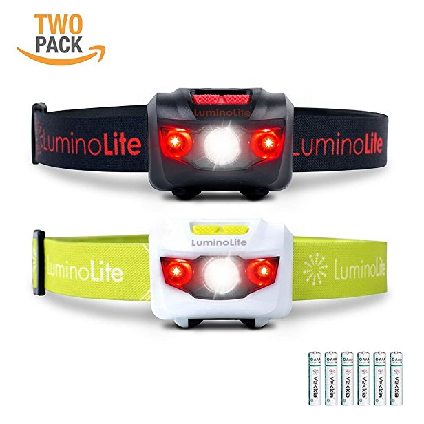 2-Pack USA CREE Led Headlamps Flashlights, 160 Lumens, Red LED Night Vision, Features 2 Separate Control Switches, Nice Fit Strap, 2.6 oz Lightweight for Running, Camping & Hiking (1 Black & 1 White)