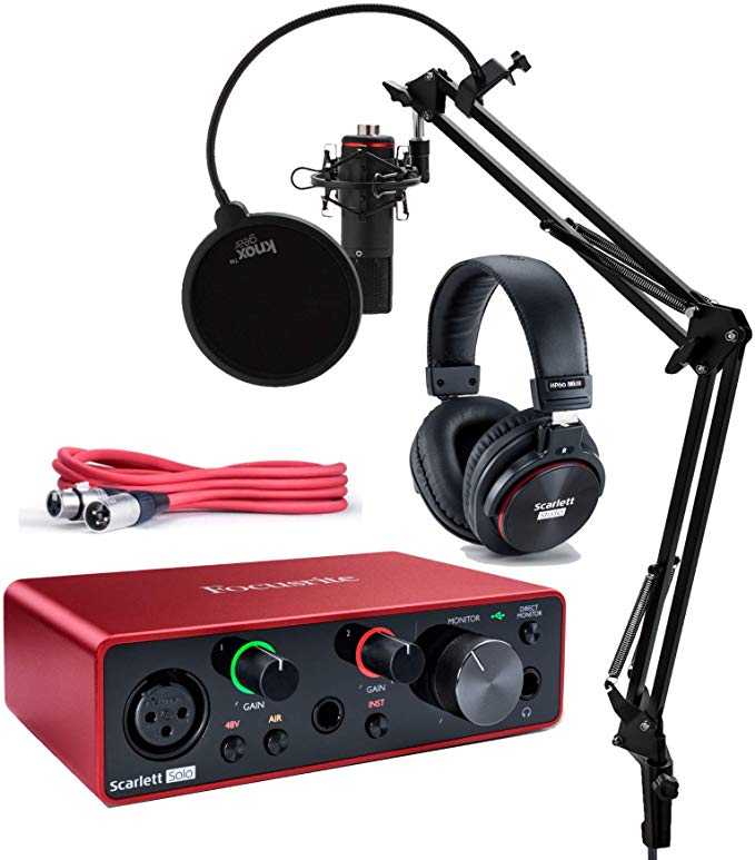 Focusrite Scarlett Solo Studio 3rd Gen USB Audio Interface and Recording Bundle with Microphone, Headphones, XLR Cable, Knox Studio Stand, Shock Mount and Pop Filter (7 Items)