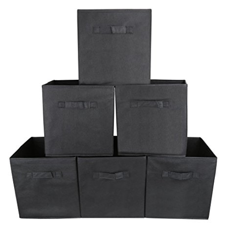 Set of 6 Foldable Fabric Basket Bin- EZOWare Collapsible Storage Cube For Nursery Home and Office - Black